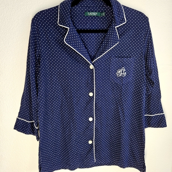 NWT!!! Lauren Ralph Lauren Navy Polka Dot Pajama Top, Size XS - Picture 1 of 5